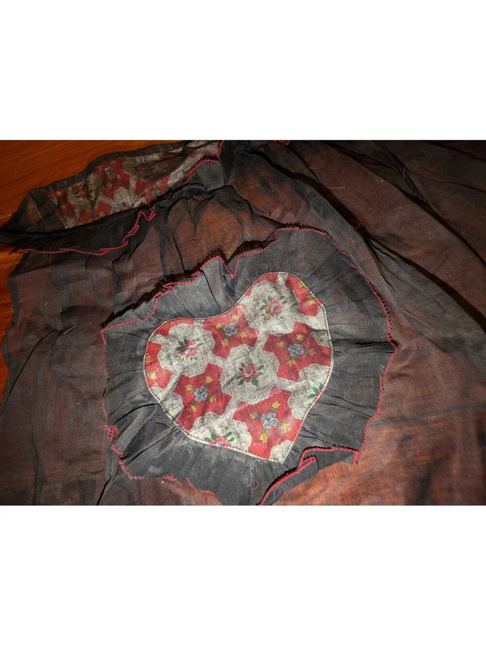 Vintage Sheer Black Apron with Floral Heart Patch and Patterned Hem